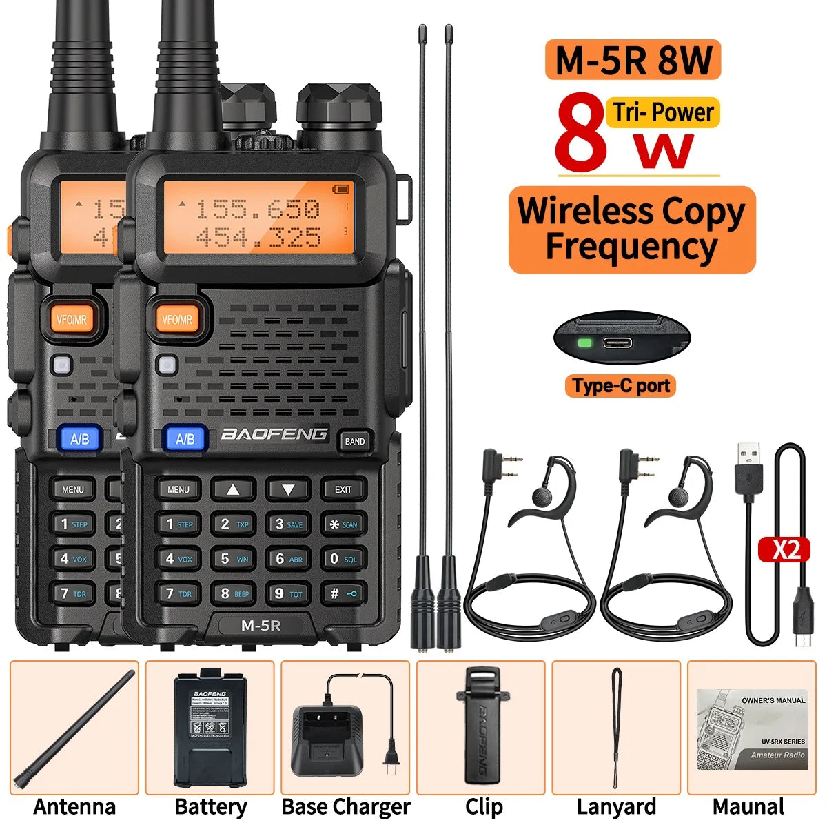 Baofeng M-5R Walkie Talkie 8W Multi Band Type-C Wireless Copy Frequency Long Range Two Way Ham Radio