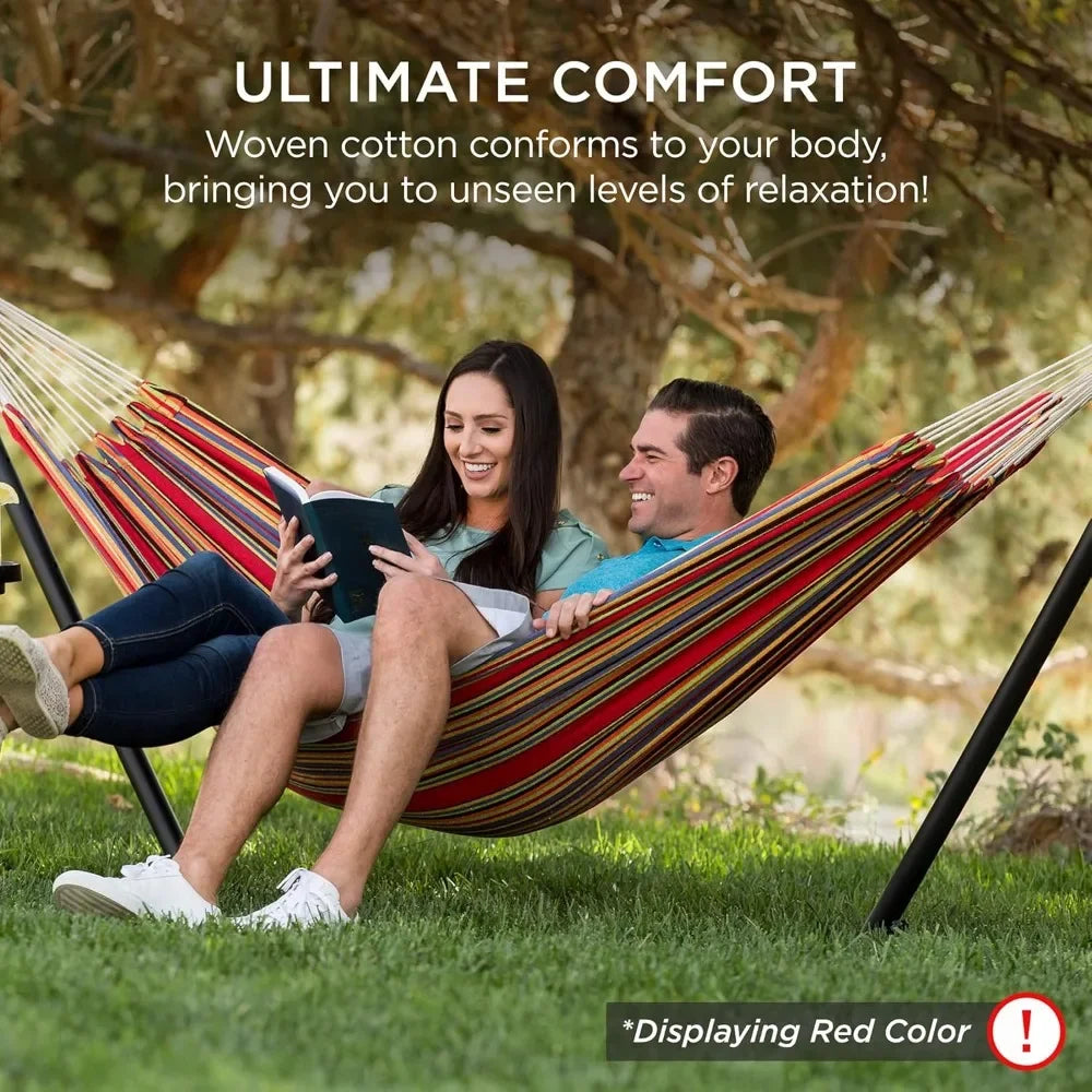 Double Hammock With Steel Stand Indoor Outdoor Brazilian Style Cotton Bed With Carrying Bag
