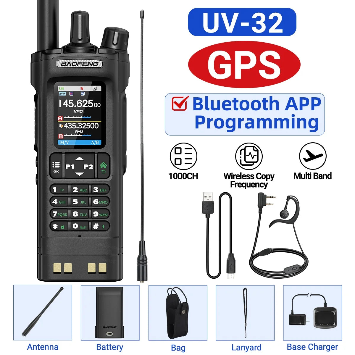 Baofeng UV-32 Walkie Talkie Multi Band 10W GPS Bluetooth Programming Amateur AM Two Way Radio with 2.0 Inch Screen Type C Ham Radio