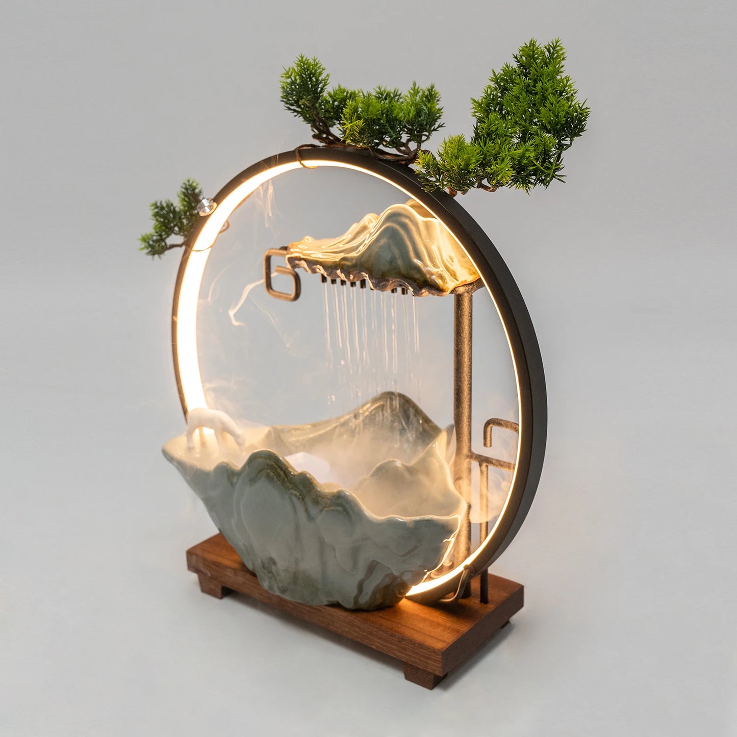 Tabletop Water Fountains Indoor Waterfall with Mist LED Indoor Water Fountains for Meditation with Fake Plants Feng Shui Decor
