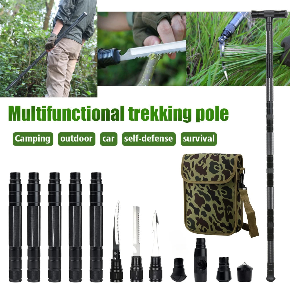 Multi Mountaineering Stick with Camouflage Backpack T-shaped Retractable Folding Stick for Outdoor Mountaineering Climbing Tool