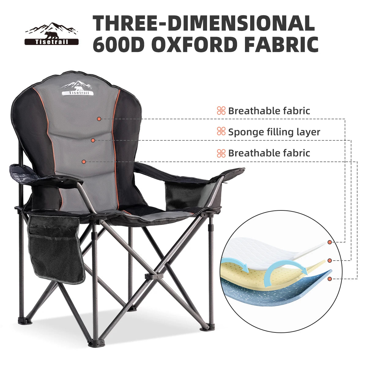 Tisetrail Oversized Camping Chair Folding Chair with Cooler Padded Outdoor Chair Heavy Duty Support 500 Pounds Black and Gray