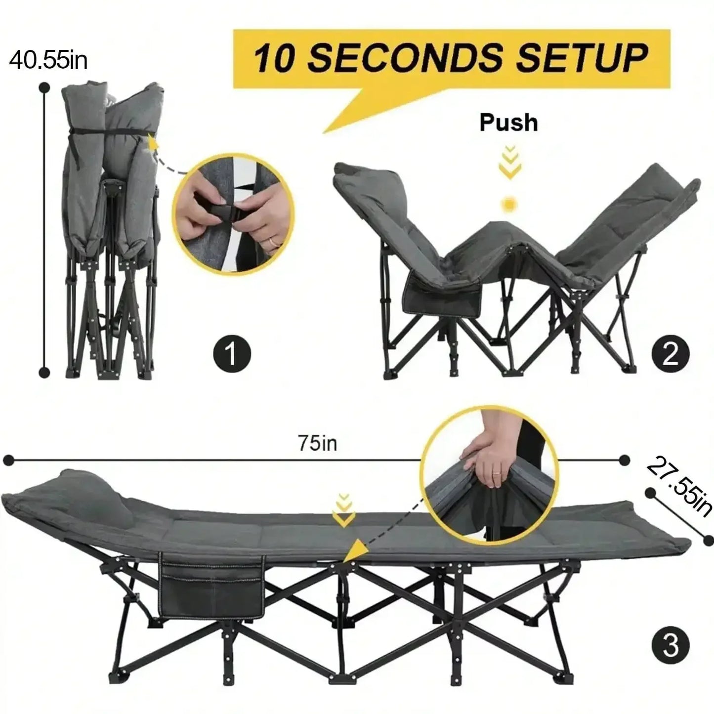 Premium Portable Thick Pad Sleeping Camping Cot Folding Heavy Duty Adult Travel Cot with Side Pockets for Hiking