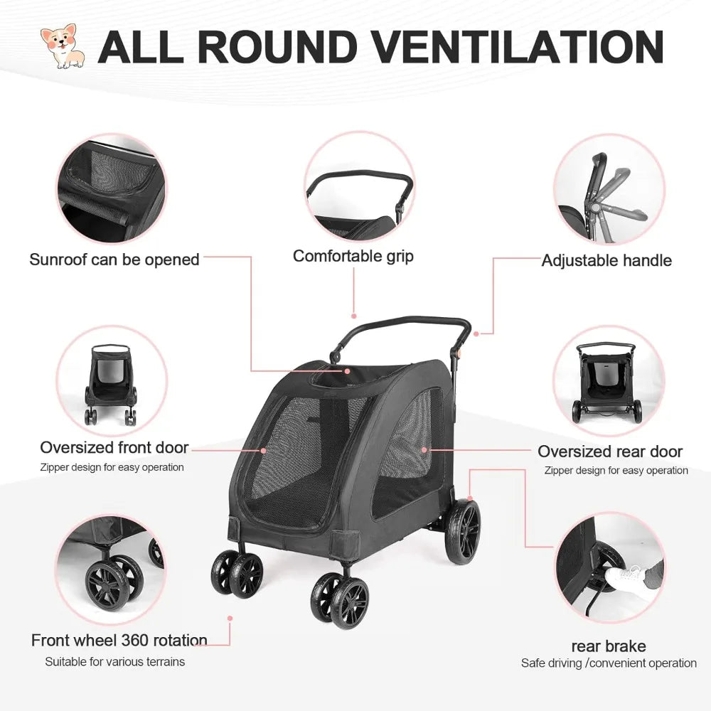 Dog Stroller Foldable Pet Jogger Strollers for Single or Multiple Medium and Large Dogs Travel Carrier Breathable Animal Strolle