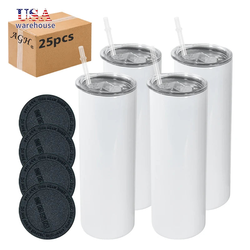 25pcs Pack 20oz Double Wall Stainless Steel Insulation Sublimation White Tumbler with Plastic Straw and Rubber Bottom Wang