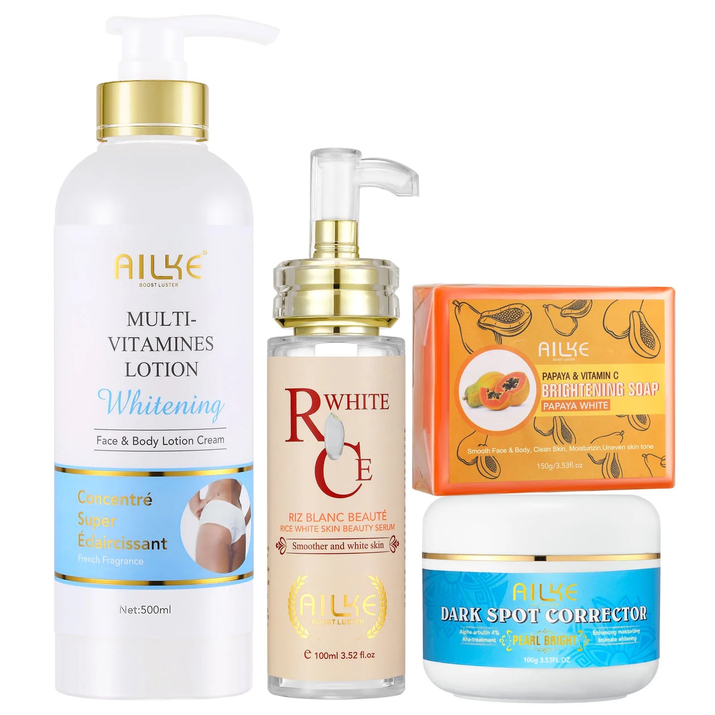 AILKE Natural Multi-Vitamin Lightening Skin Care Kit, Moisturizes, Even Toning, Remove Blemishes, Clean & Soothing Skin