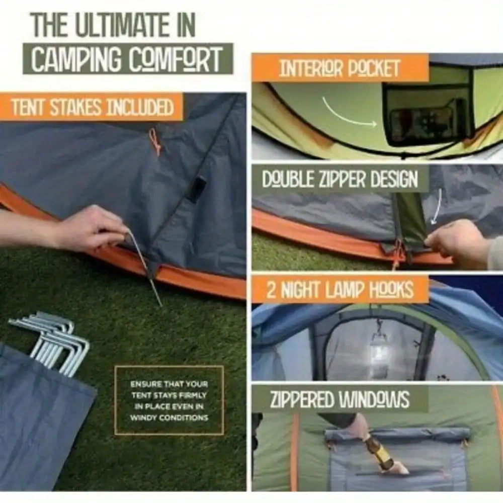Camping Tent for Four People Easy Pop Up Design with Two Doors UPF50 Waterproof