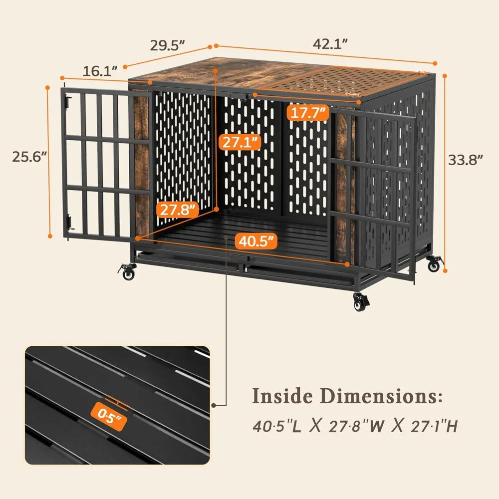 Sturdy 42-inch Dog Crate for Large and Medium Breeds, Secure and Durable Kennel for Anxious Dogs, Rustic Brown Indoor Pet Cage