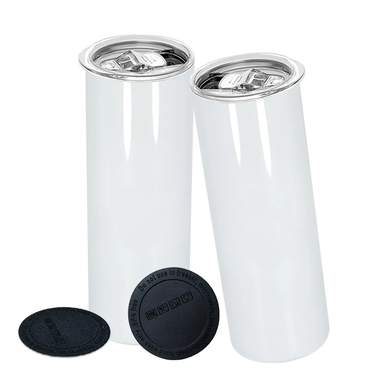 50pcs Pack 20oz Double Wall Stainless Steel Insulation Sublimation White Tumbler with Plastic Straw and Rubber Bottom Hu