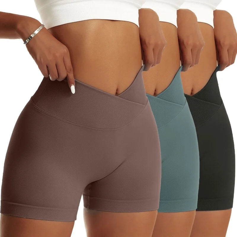 3 Pieces Women Solid Peach High Waist Yoga Scrunch Butt Shorts High Elastic Breathable Running Biker Pants