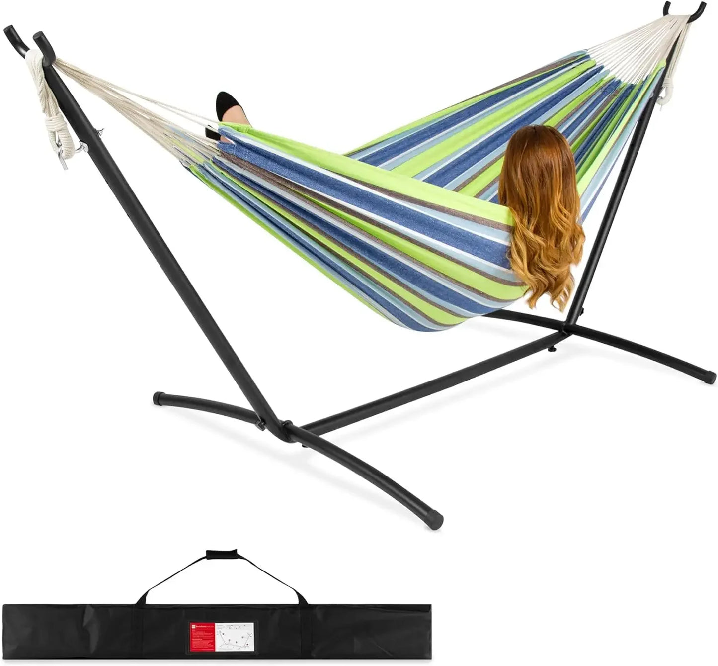 Double Hammock With Steel Stand Indoor Outdoor Brazilian Style Cotton Bed With Carrying Bag