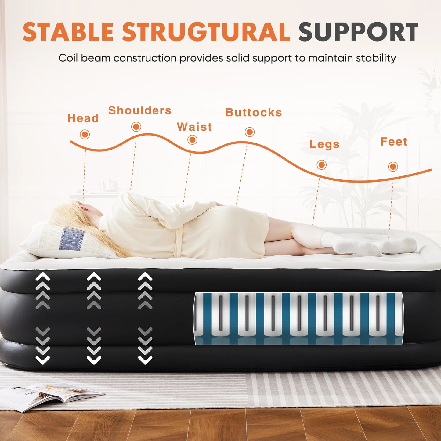 JHK Queen Twin Size Air Mattress Double Height Non Slip Bottom Weight Capacity 660 Pounds Air Bed for Home or Camping
