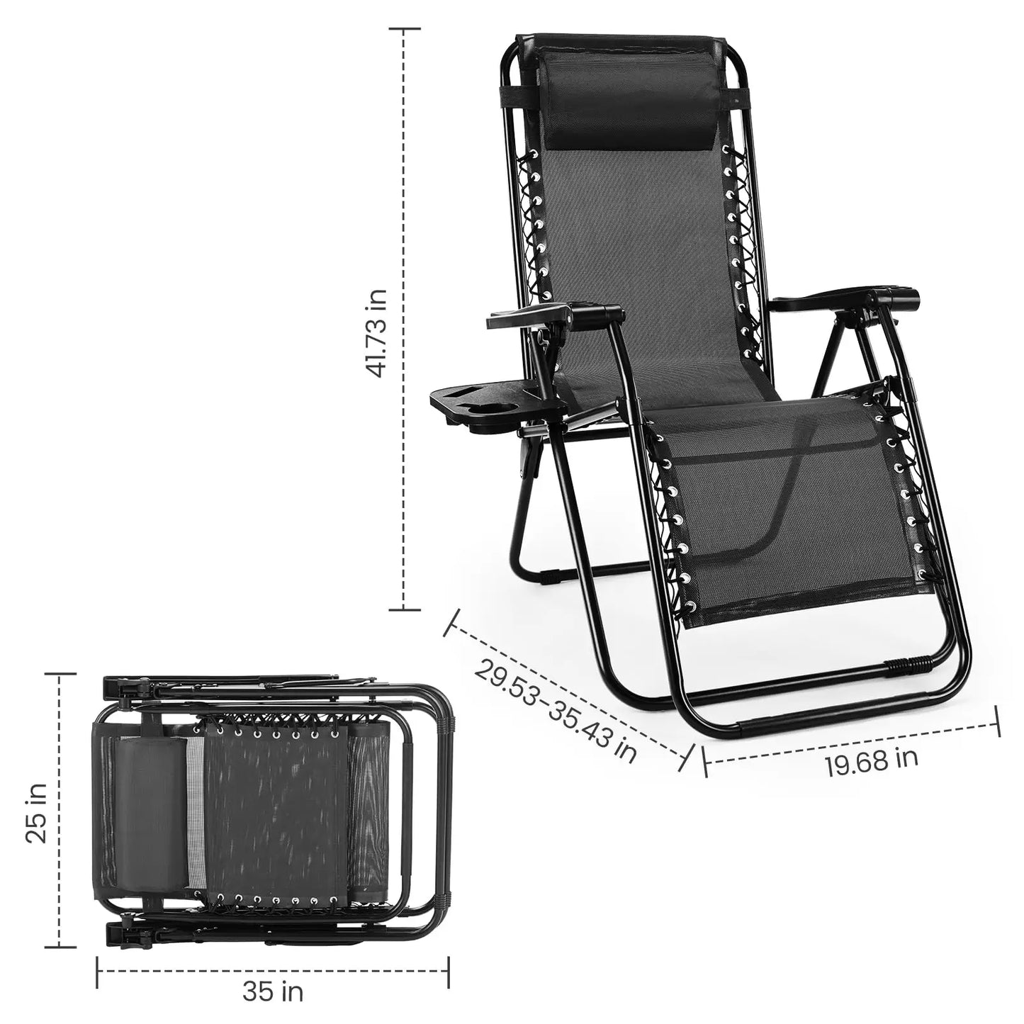 JHK Zero Gravity Set of 2 Portable Recliner Camping Patio Outdoor Garden Lounge Chair with Cup Holder Trays and Adjustable Pillow