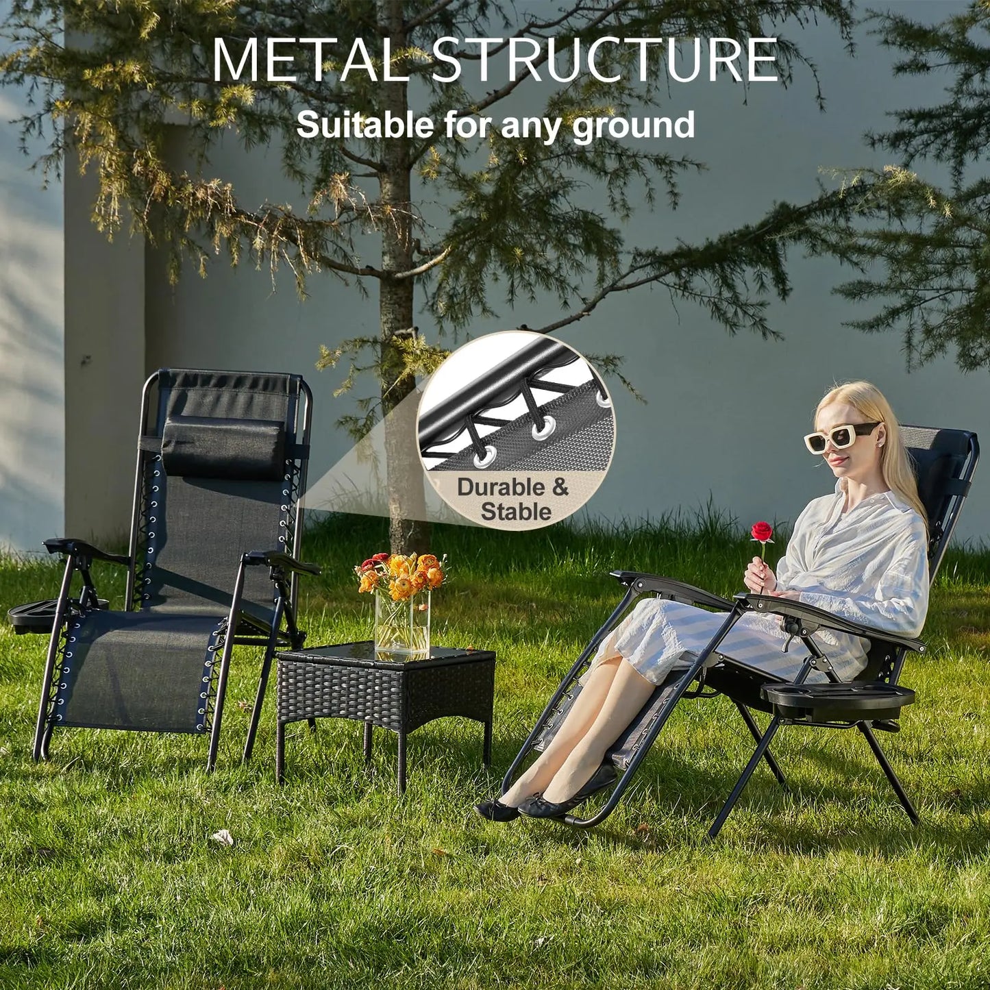JHK Zero Gravity Set of 2 Portable Recliner Camping Patio Outdoor Garden Lounge Chair with Cup Holder Trays and Adjustable Pillow