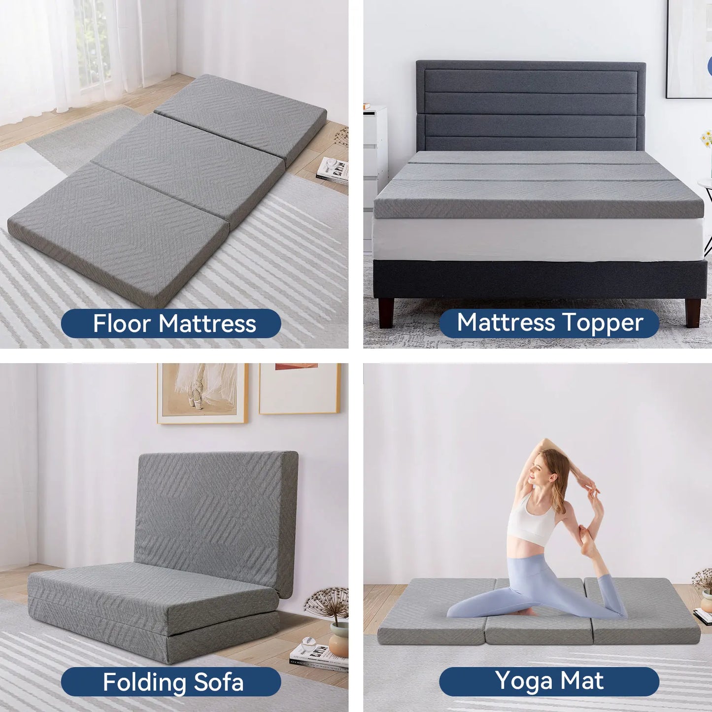 Hcore Folding Mattress 4 Inch Foldable Memory Foam Mattress with Bag Portable Mattress Topper for Floor Camping and Guest Use