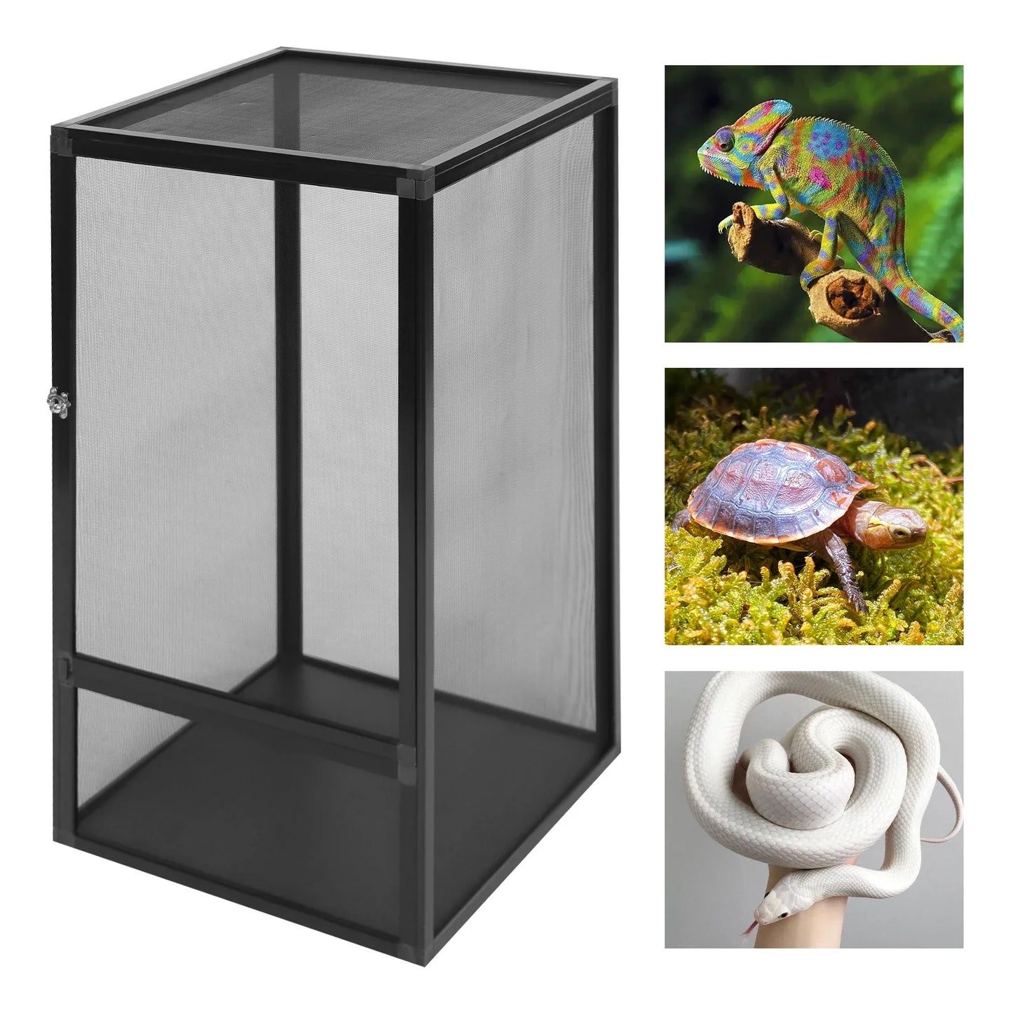 Reptile Terrarium, Enclosure w/Fine Mesh Ventilation, Removable Top, Escape-Proof Locking Latch for Lizards/Snakes/Insects