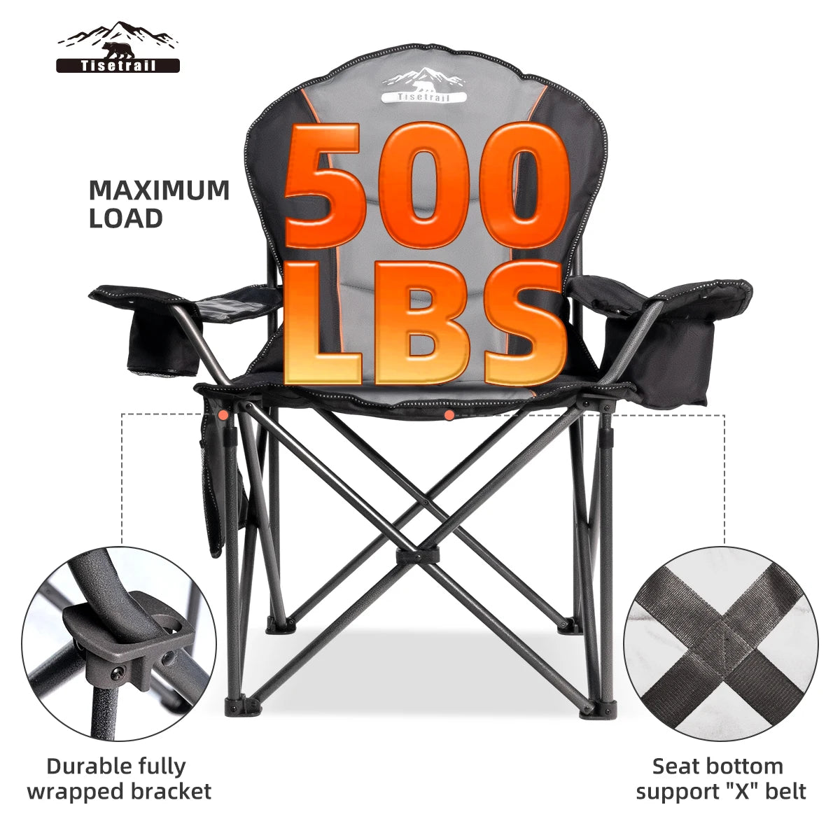 Tisetrail Oversized Folding Camping Chair with Cooler Padded Outdoor Seating Heavy Duty Support 500 Pounds Black and Gray