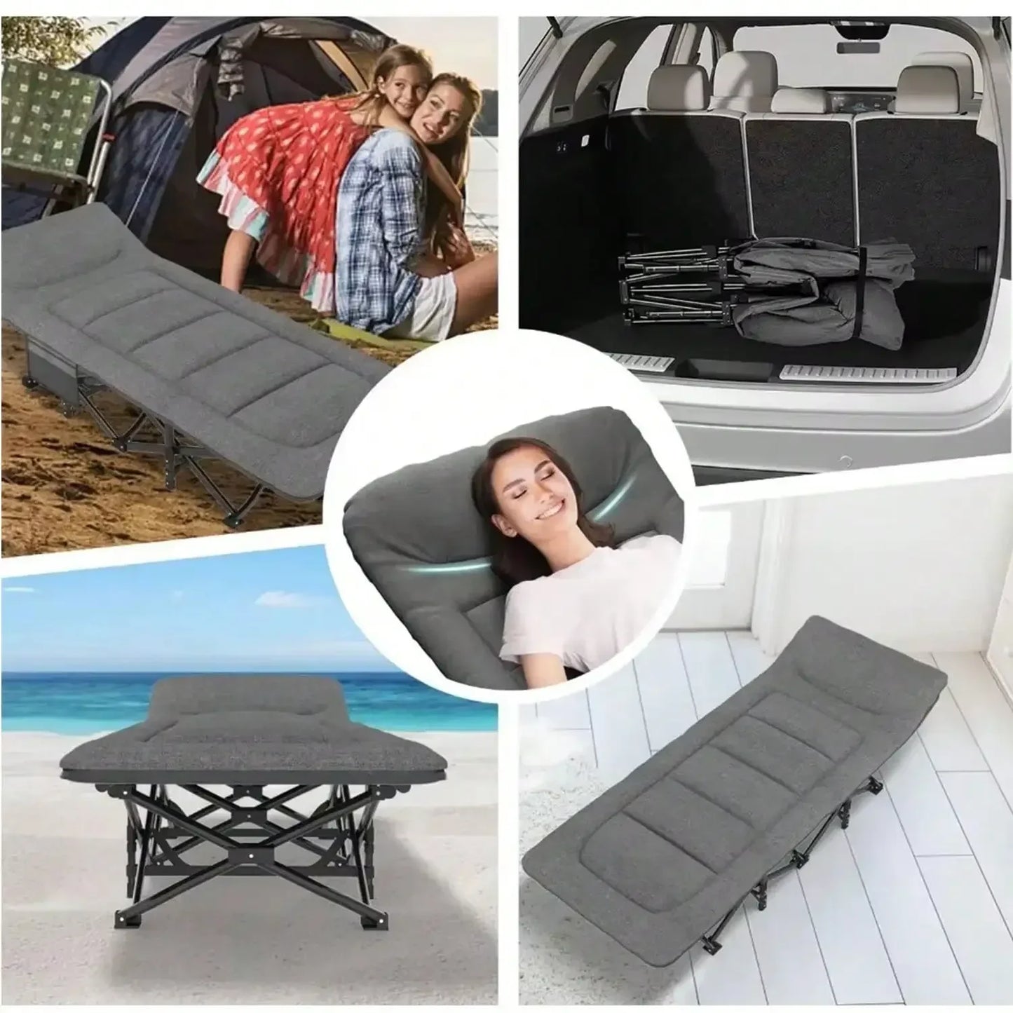 Premium Portable Thick Pad Sleeping Camping Cot Folding Heavy Duty Adult Travel Cot with Side Pockets for Hiking