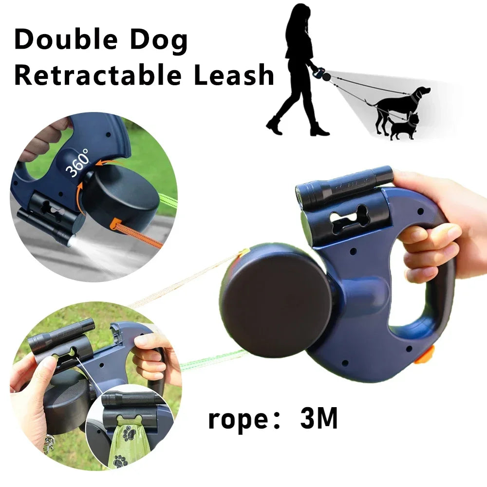 Retractable Dual Dog Leash with LED Light and 360 Swivel No Tangle Independent Braking System with 3M Reflective Leads