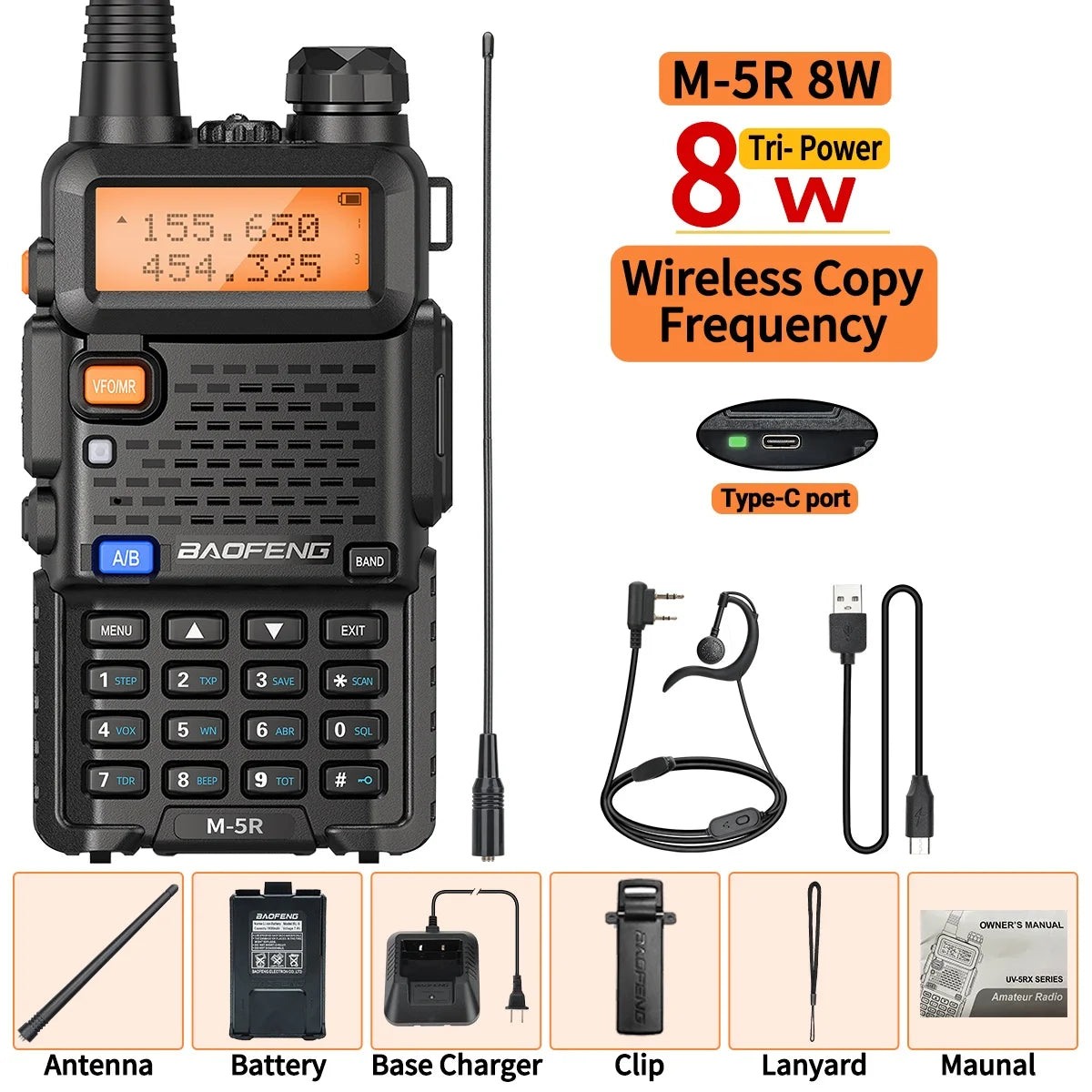 Baofeng M-5R Walkie Talkie 8W Multi Band Type-C Wireless Copy Frequency Long Range Two Way Ham Radio