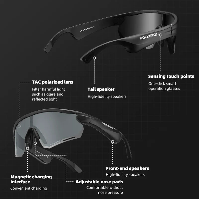 Rockbros Cycling Glasses Wireless Bluetooth 5.2 Polarized Sunglasses Headset MP3 Riding Eyewear UV400 Goggles