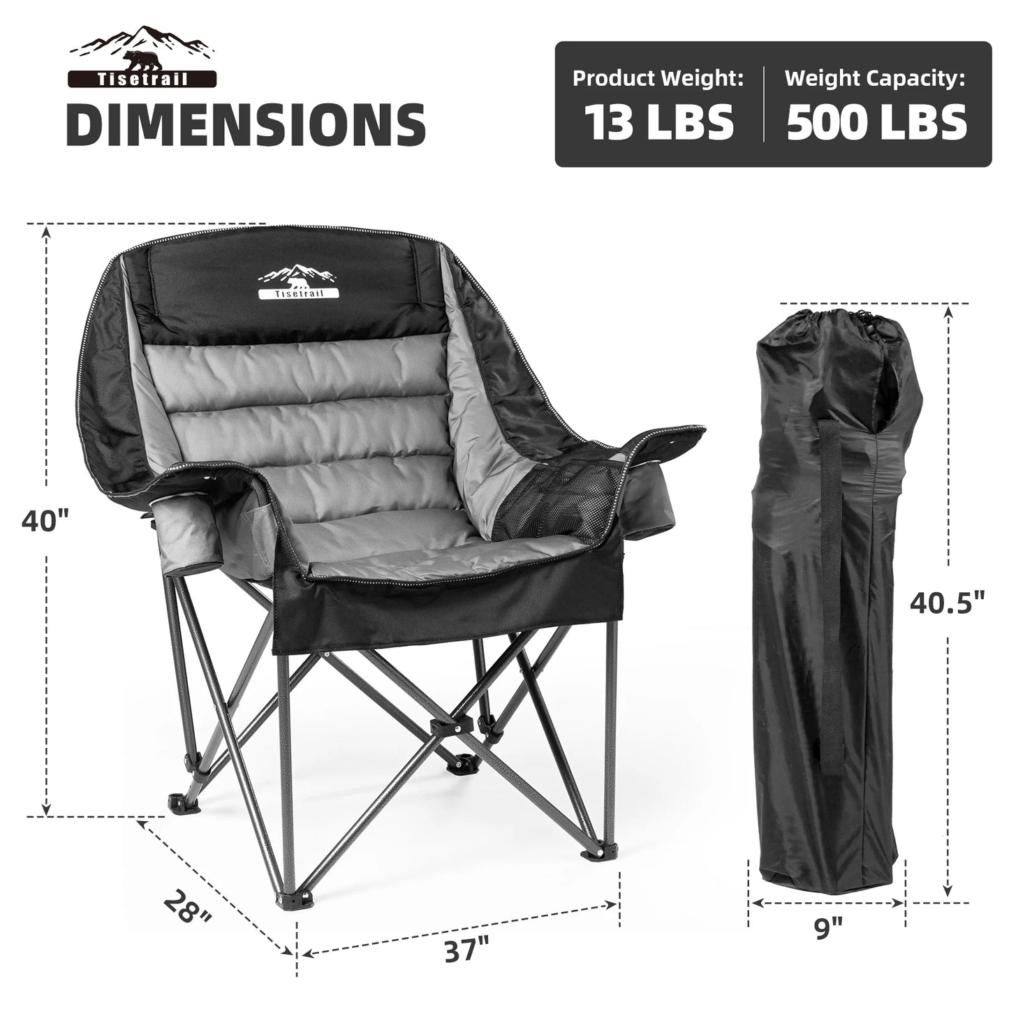 Tisetrail Oversized Padded Camping Chair Extra Large Camp Chairs for Adults with Side Pocket and Cup Holder Black and Gray