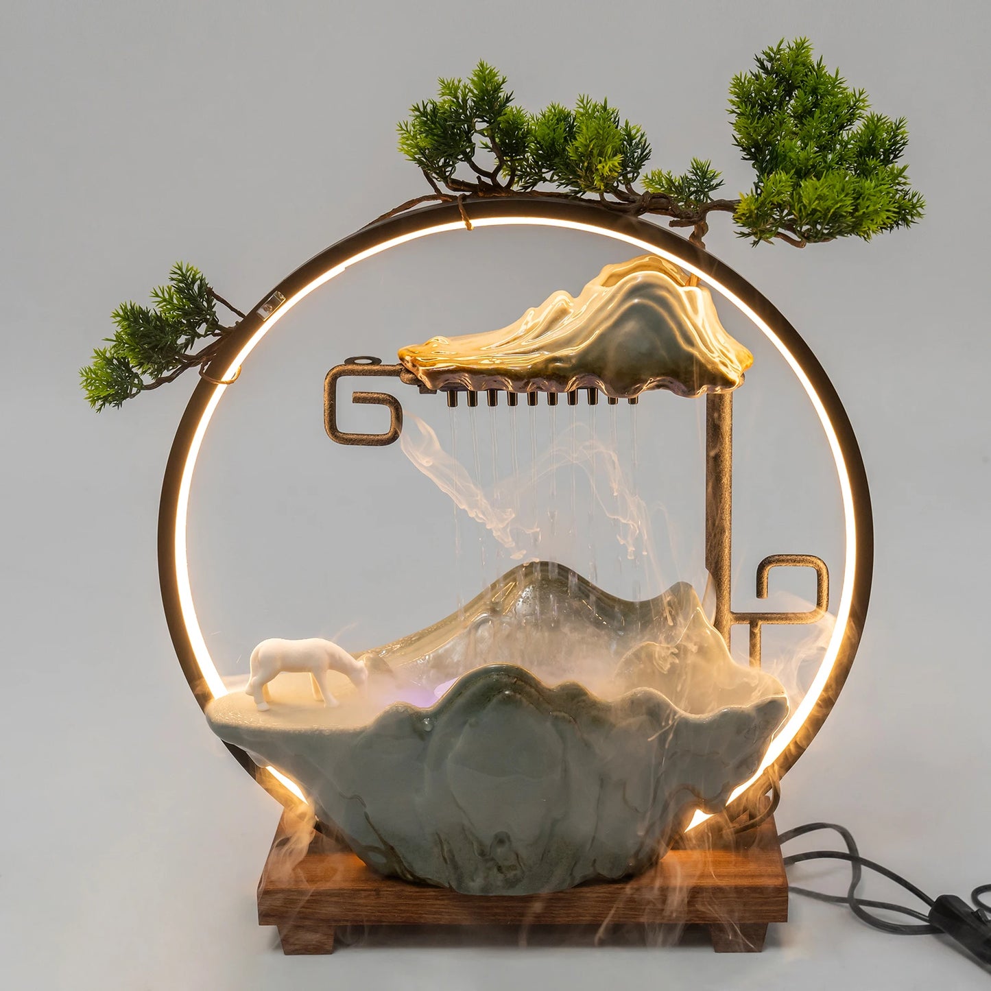 Tabletop Water Fountains Indoor Waterfall with Mist LED Indoor Water Fountains for Meditation with Fake Plants Feng Shui Decor