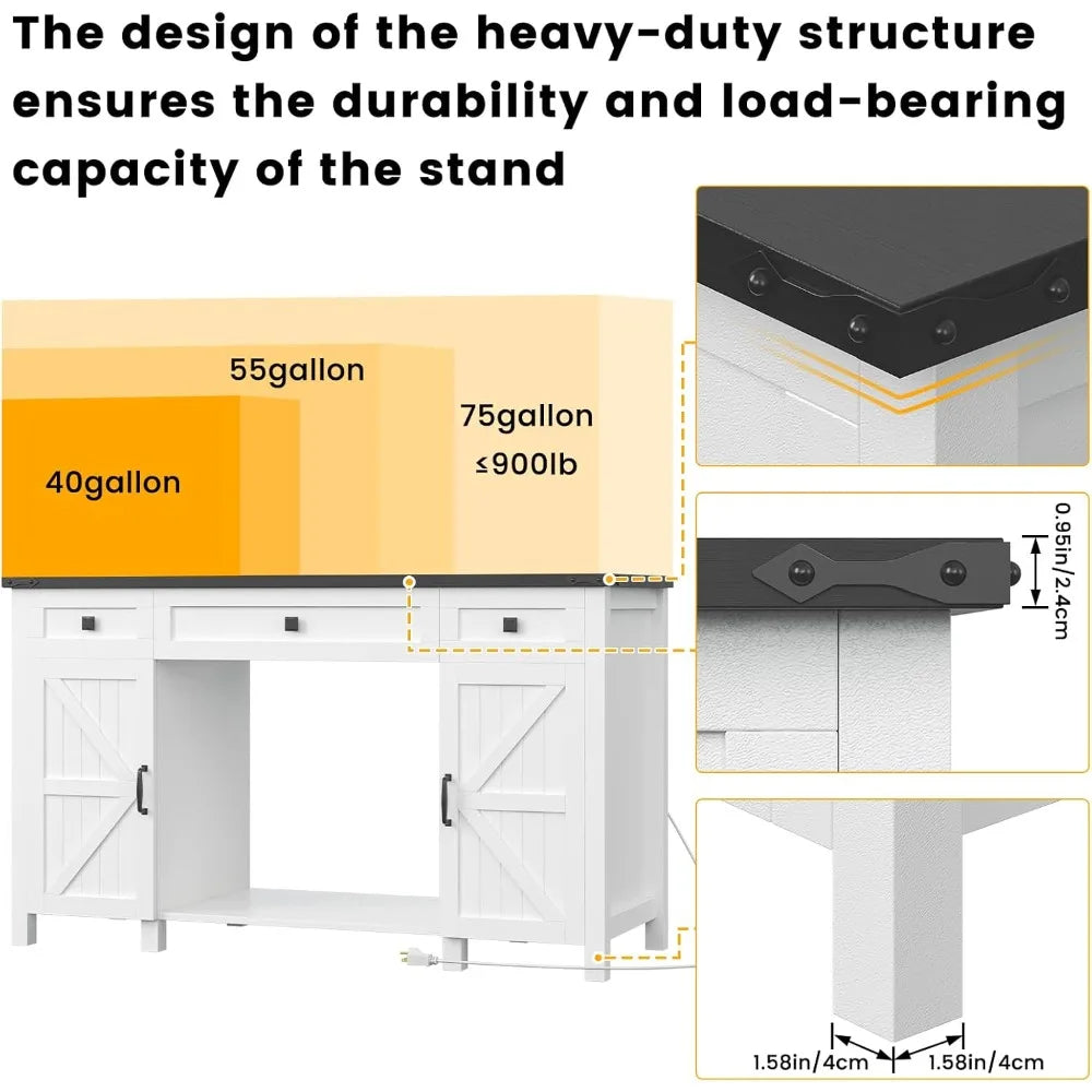 55-75 Gallon Aquarium Stand With Charging Station, Farmhouse Fish Tank Stand, Reptile Tank Stand Terrarium Stand with Drawer and