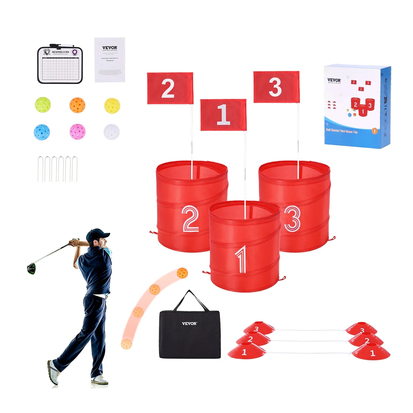 SucceBuy 3/6/9 Hole Kids Backyard Golf Game Portable Bucket Golf Course Practice Chipping Games for Family Yard Sports Toys