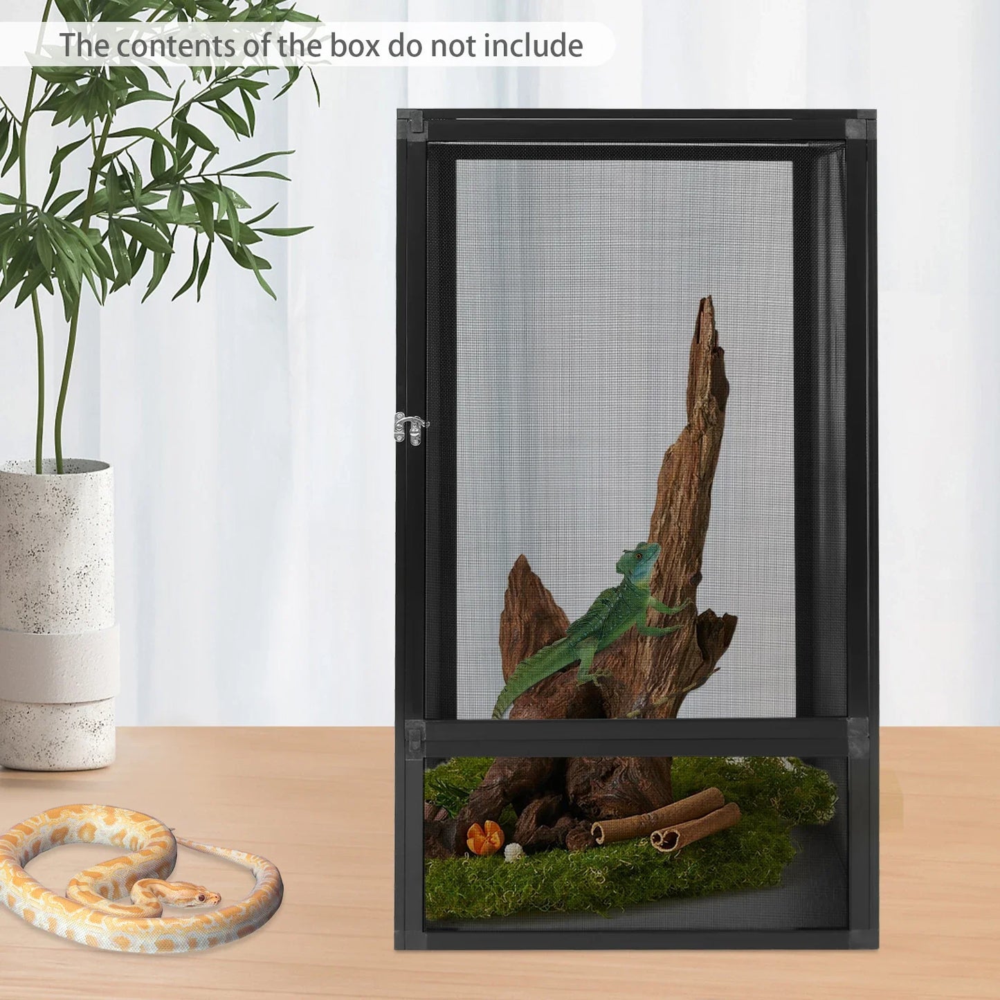 Reptile Terrarium, Enclosure w/Fine Mesh Ventilation, Removable Top, Escape-Proof Locking Latch for Lizards/Snakes/Insects