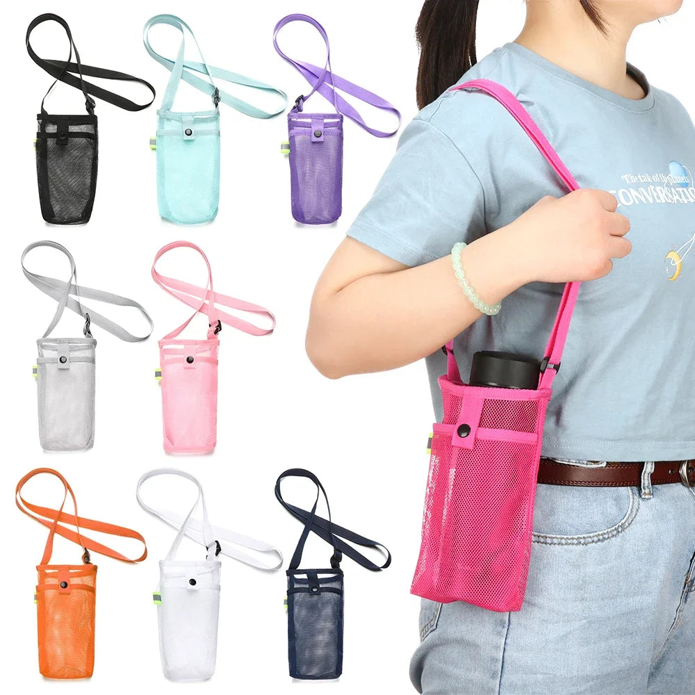 Portable Sport Water Bottle Cover With Strap Cup Sleeve Mesh Cup Pouch Mobile Phone Bag Visible Bag Outdoor Camping Accessories
