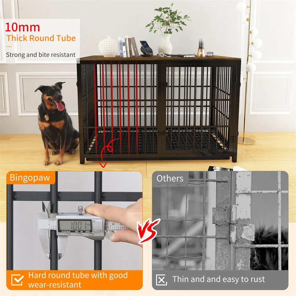 Heavy Duty XXL Dog Crate Wooden Industrial Dog Cage Kennel Furniture Style End Table Cabinet with Three Doors and Removable Tray
