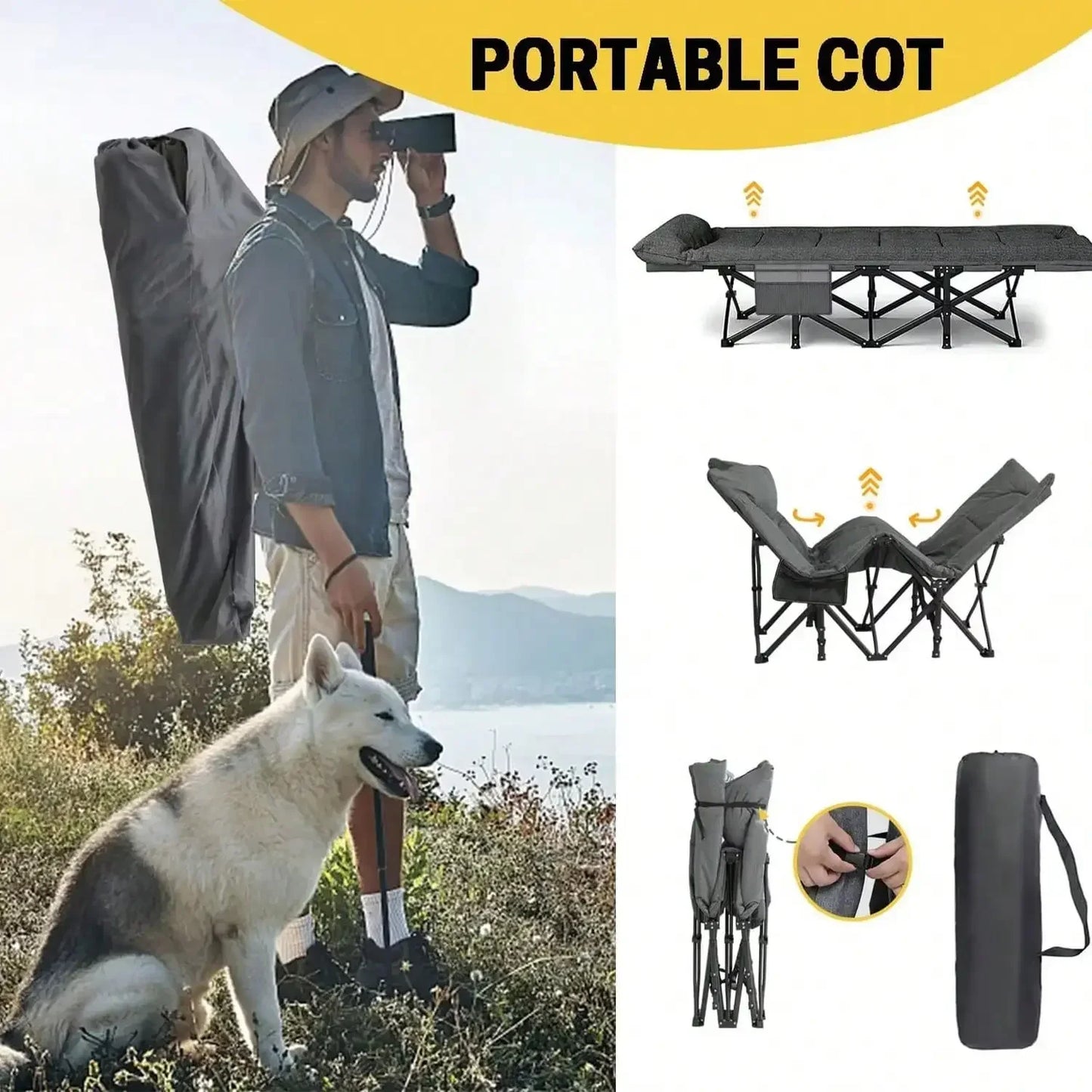 Premium Portable Thick Pad Sleeping Camping Cot Folding Heavy Duty Adult Travel Cot with Side Pockets for Hiking