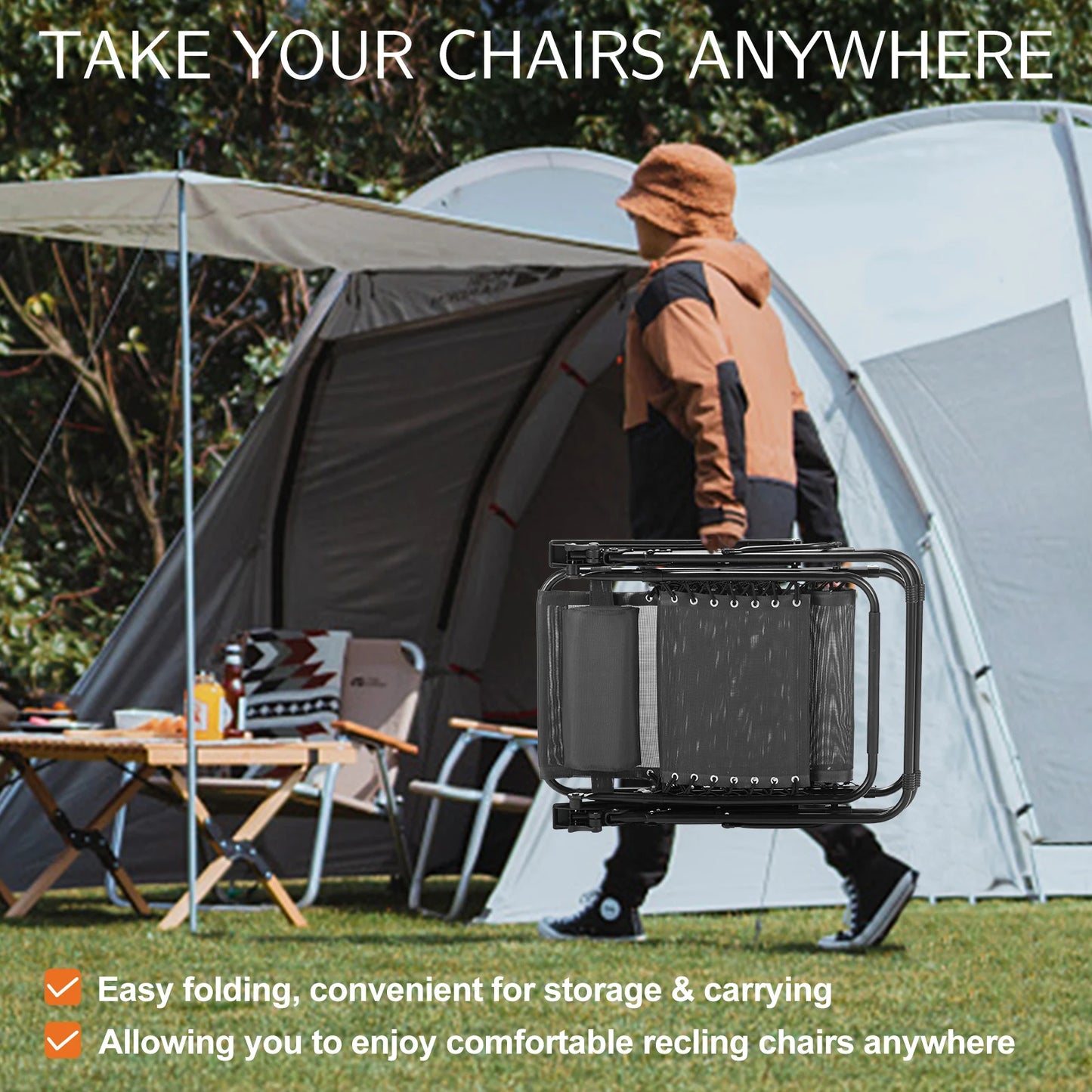 JHK Zero Gravity Set of 2 Portable Recliner Camping Patio Outdoor Garden Lounge Chair with Cup Holder Trays and Adjustable Pillow