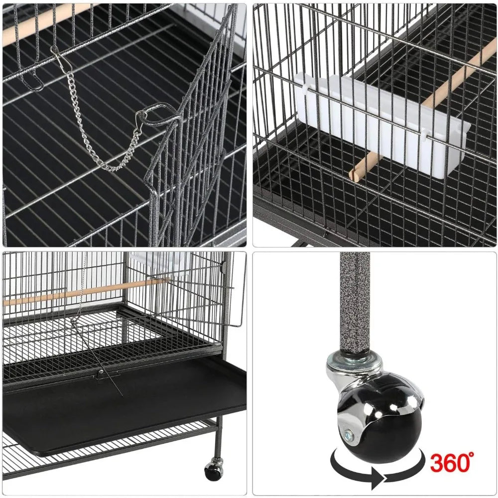 52" Forged Steel Vertical Large Flying King Bird Cage for Cockatiels, African Grey Parakeets with Stand