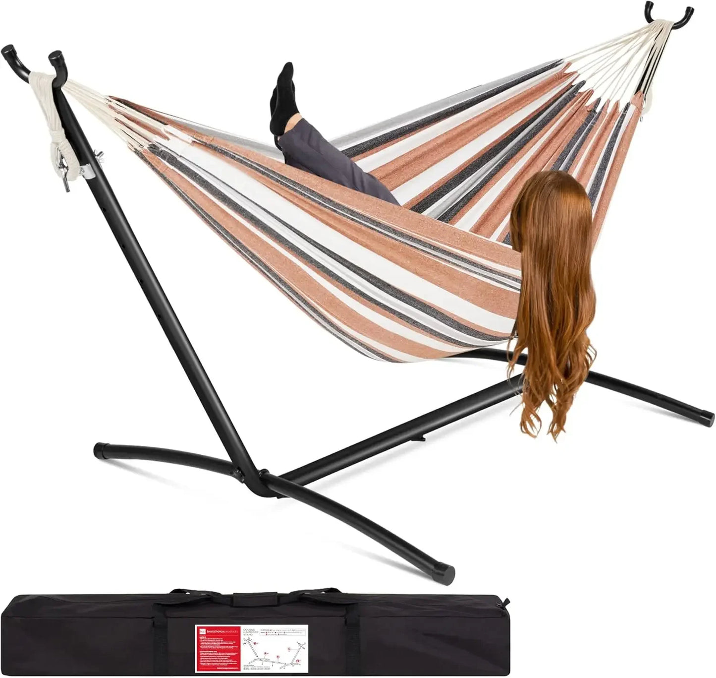 Double Hammock With Steel Stand Indoor Outdoor Brazilian Style Cotton Bed With Carrying Bag