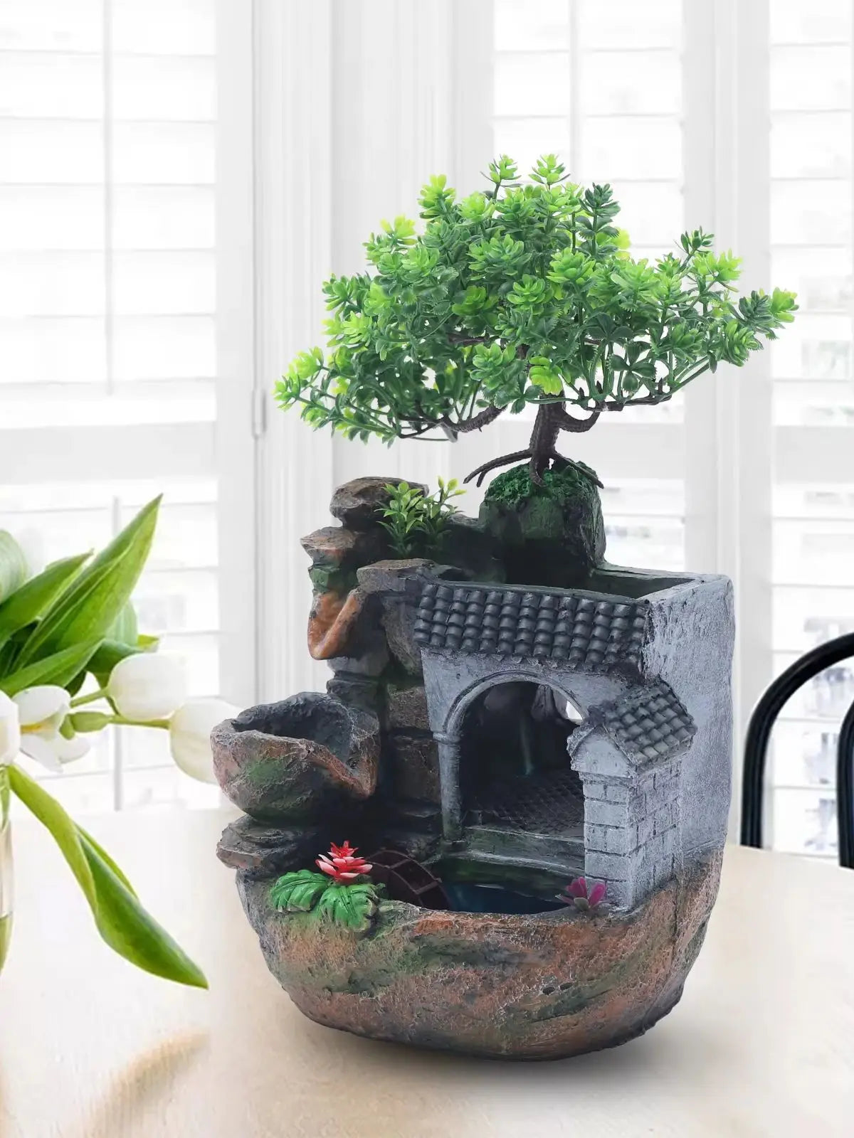 Desktop Fountain Rock Waterfall Humidifier with Artificial Tree &LED Light Feng Shui Decoration for Aquariums Office Décor