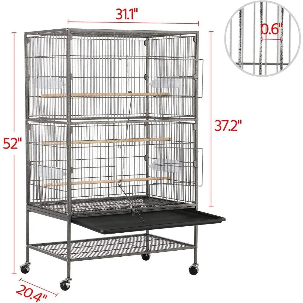 52" Forged Steel Vertical Large Flying King Bird Cage for Cockatiels, African Grey Parakeets with Stand