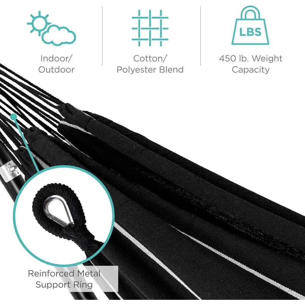 Double Hammock With Steel Stand Indoor Outdoor Brazilian Style Cotton Bed With Carrying Bag