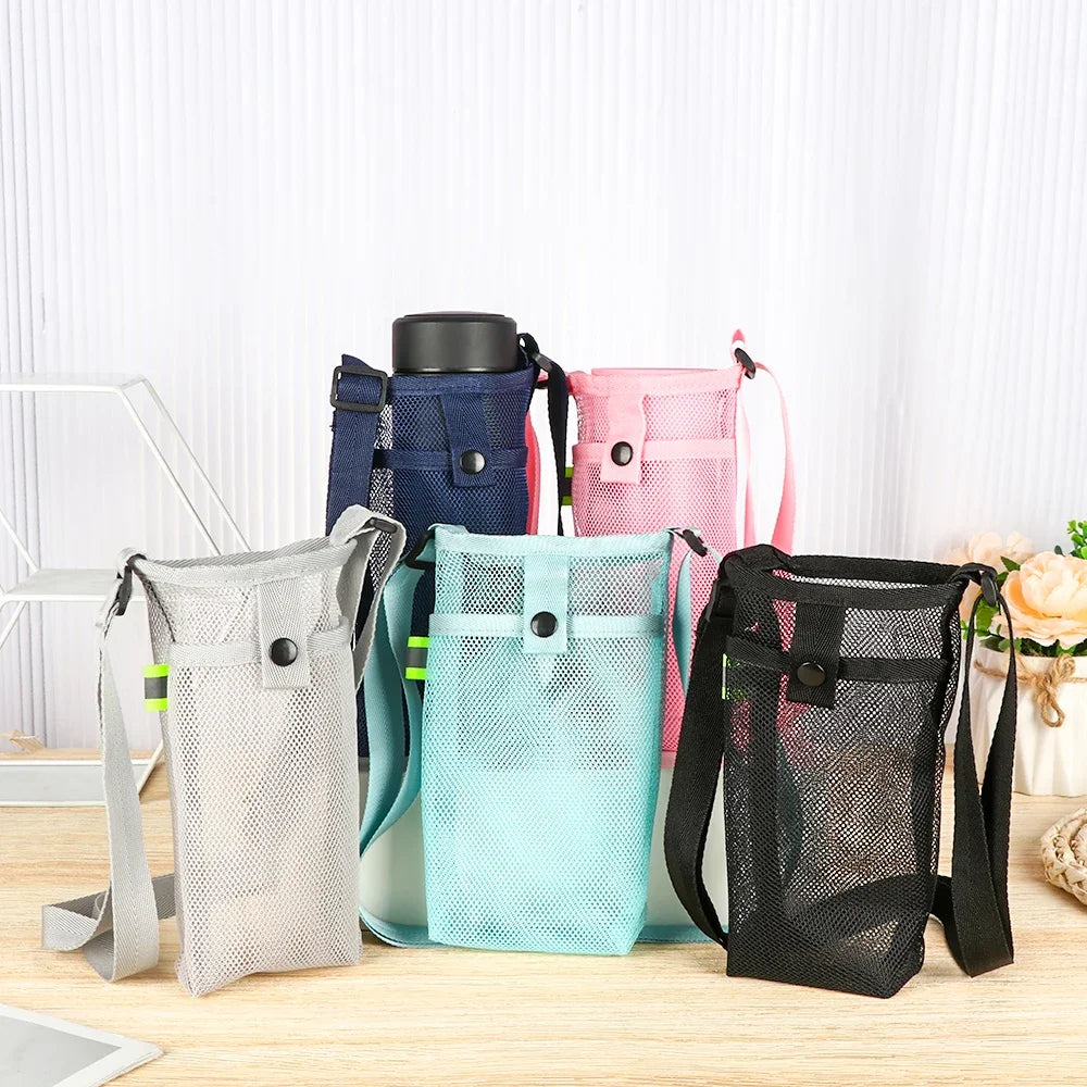 Portable Sport Water Bottle Cover With Strap Cup Sleeve Mesh Cup Pouch Mobile Phone Bag Visible Bag Outdoor Camping Accessories