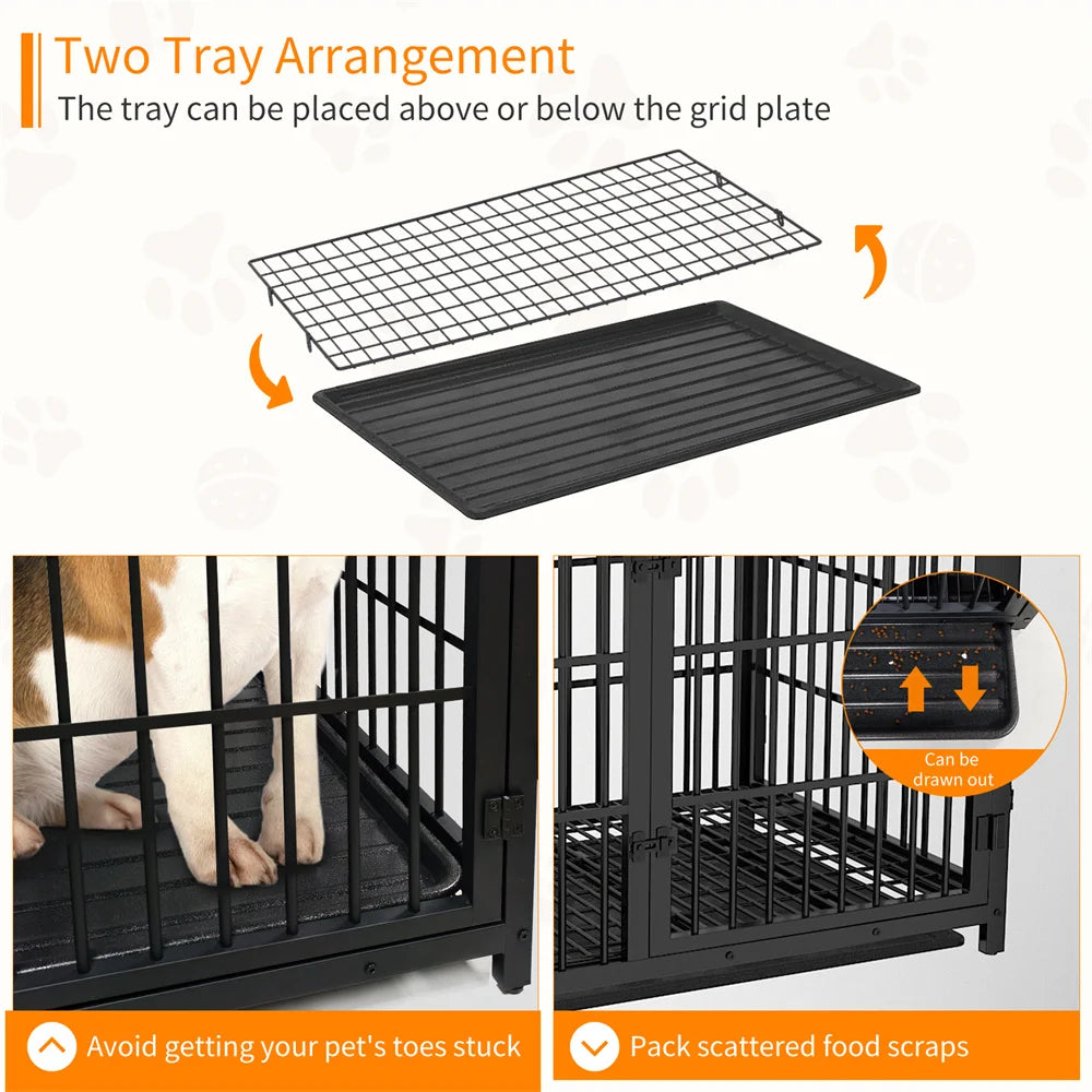 Heavy Duty XXL Dog Crate Wooden Industrial Dog Cage Kennel Furniture Style End Table Cabinet with Three Doors and Removable Tray