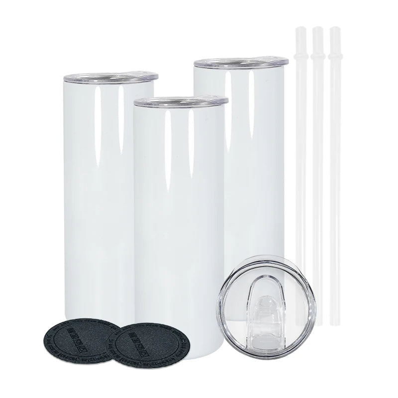 50pcs Pack 20oz Double Wall Stainless Steel Insulation Sublimation White Tumbler with Plastic Straw and Rubber Bottom Hu