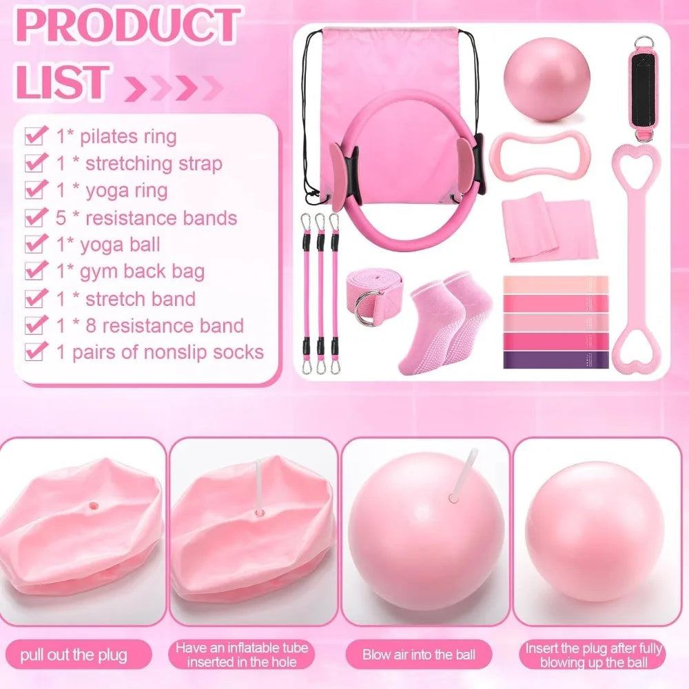 18 women's fitness equipment accessories: Pilates balls, stretching straps, magic rings, yoga rings for fitness