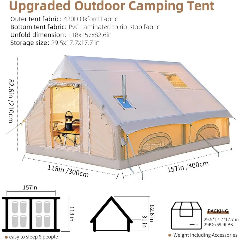 Inflatable Camping Tents for 8 to 10 People 129 Square Feet Large Tent with Stove Jack and Mesh Windows