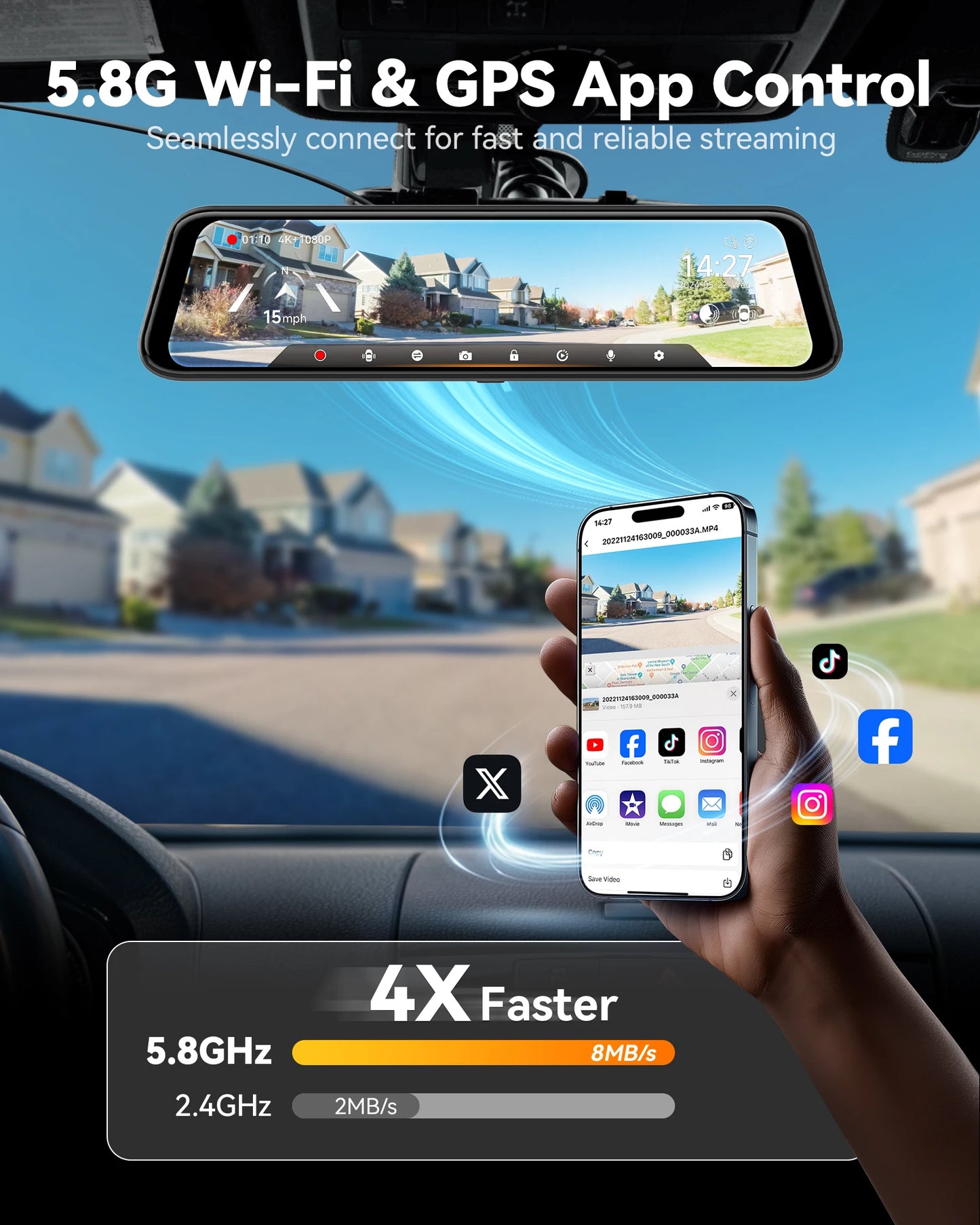 WOLFBOX G850 PRO 4K WIFI Mirror Dash Cam with ADAS and BSD 5.8GHz WiFi Voice Control Car DVR Rearview Mirror 12inch