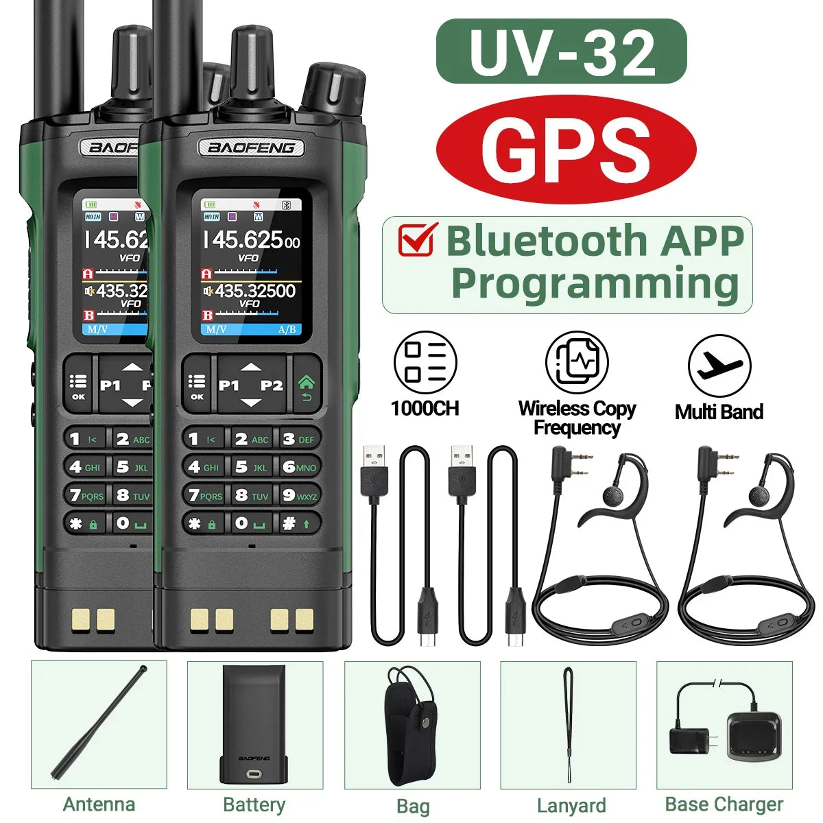 Baofeng UV-32 Walkie Talkie Multi Band 10W GPS Bluetooth Programming Amateur AM Two Way Radio with 2.0 Inch Screen Type C Ham Radio