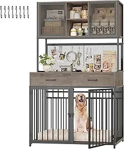 Large Indoor Dog Crate with Hutch, 71" Tall and 42" Wide, Suitable for Medium to Large Dogs, Wooden Dog Cage with Two Storage Ar