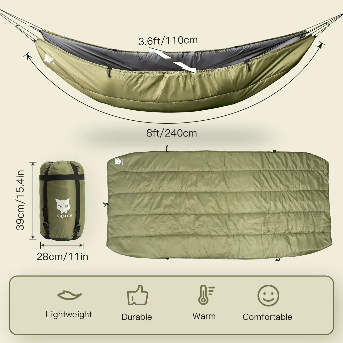 Night Cat Hammock Underquilts Sleeping Bag Single Insulated Under Blanket 4 Seasons Lightweight Soft Warm 5 to 20 Degrees Celsius 8 by 3.6 Feet