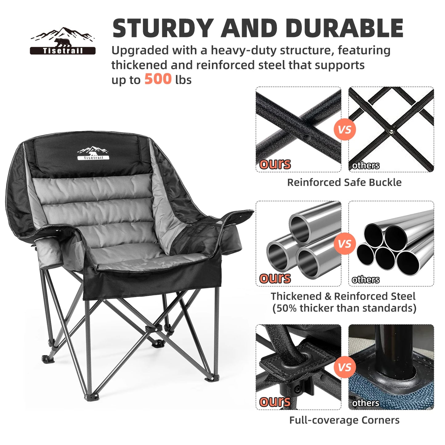Tisetrail Oversized Padded Camping Chair Extra Large Camp Chairs for Adults with Side Pocket and Cup Holder Black and Gray