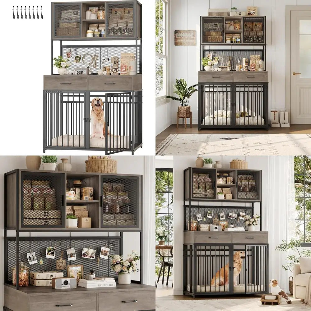 Large Indoor Dog Crate with Hutch, 71" Tall and 42" Wide, Suitable for Medium to Large Dogs, Wooden Dog Cage with Two Storage Ar